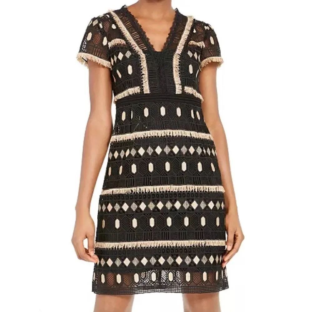 Nanette Lepore Black Tan EFFORTLESS Geo-Lace Fringed Geometric Sheath Dress
